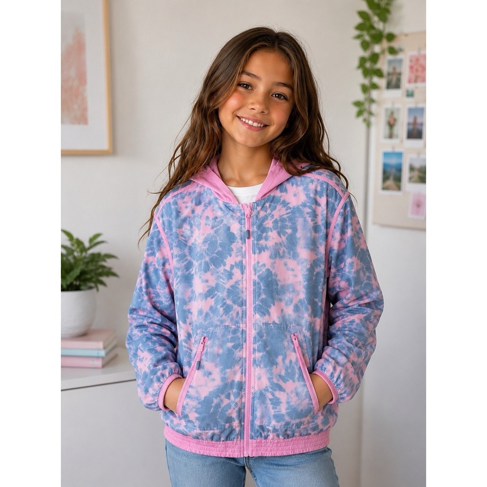 Athleta Girl Tie Dye Hooded Windbreaker Jacket Pink Blue Youth Activewear XL 14